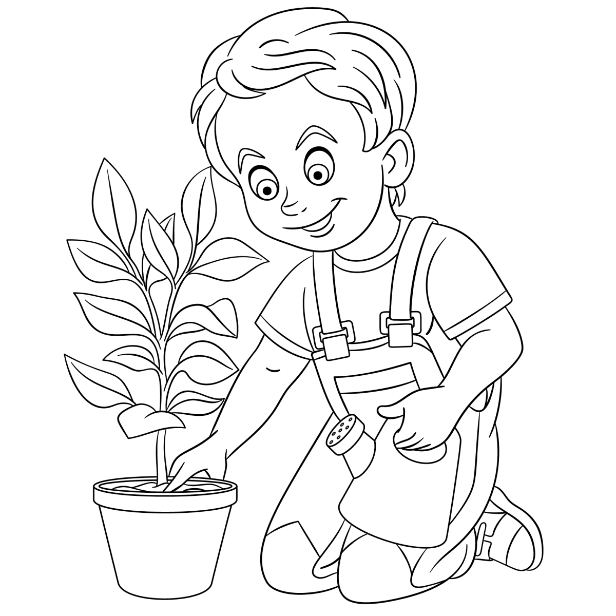 Menino plantando flor no vaso para colorir