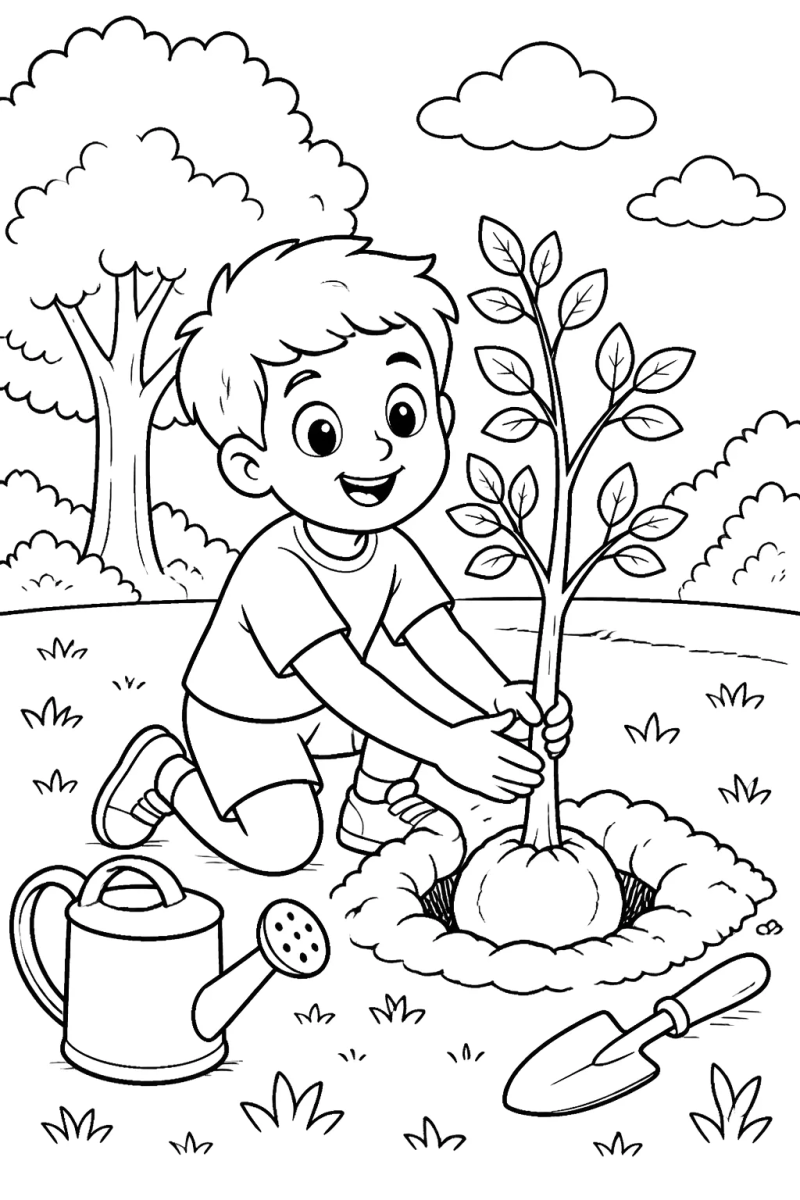 Menino plantando uma muda com regador para colorir