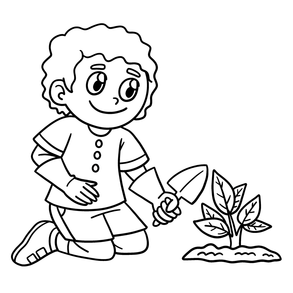 Menino plantando uma mudinha na terra para colorir