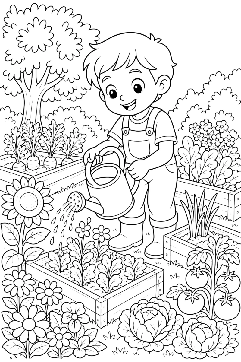 Menino regando as plantinhas para colorir