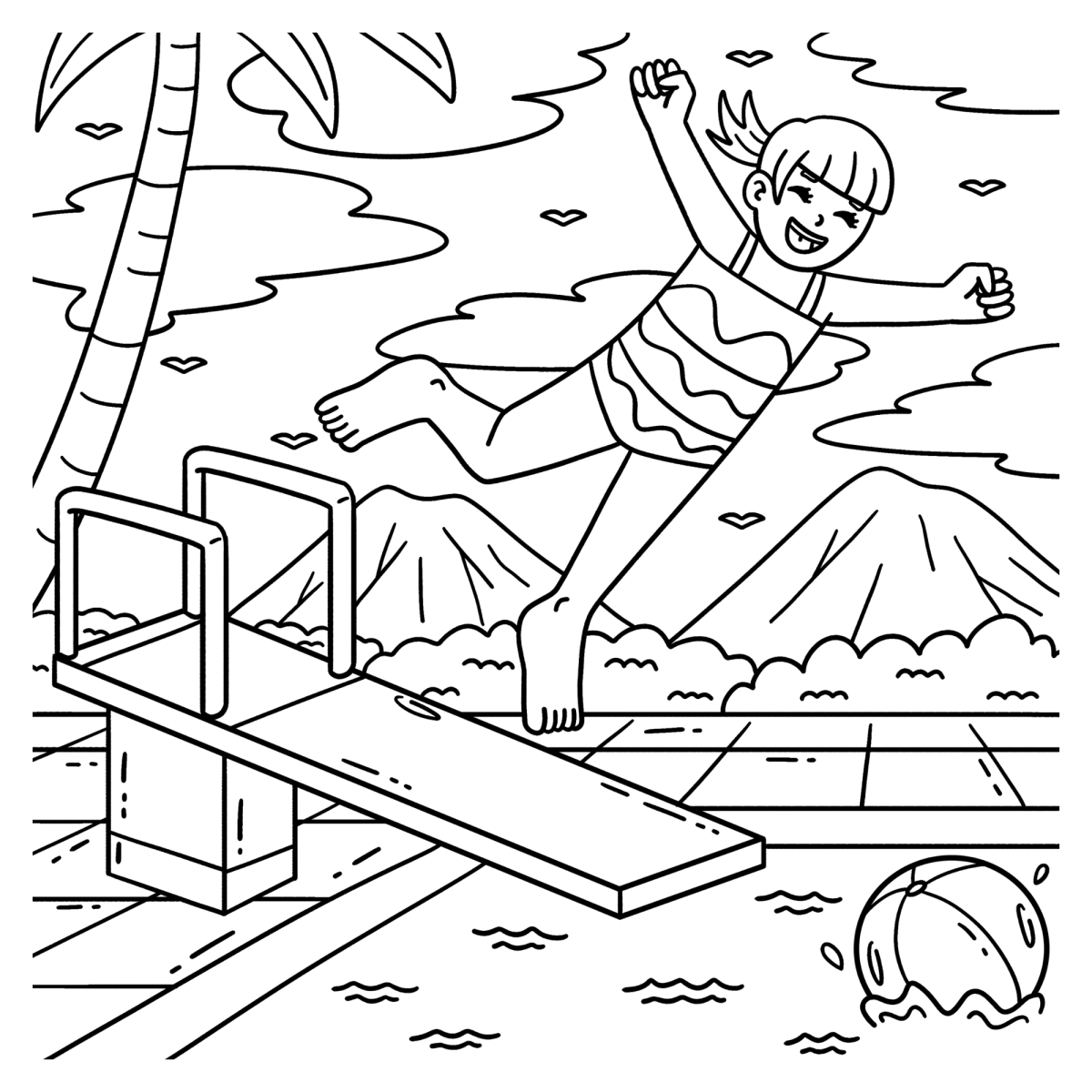 Menino saltando do trampolim de braços abertos para colorir
