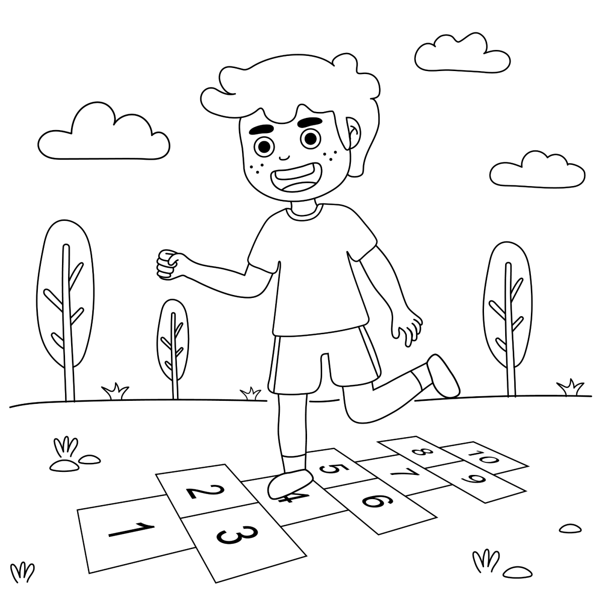 Menino saltando na amarelinha do parque para colorir