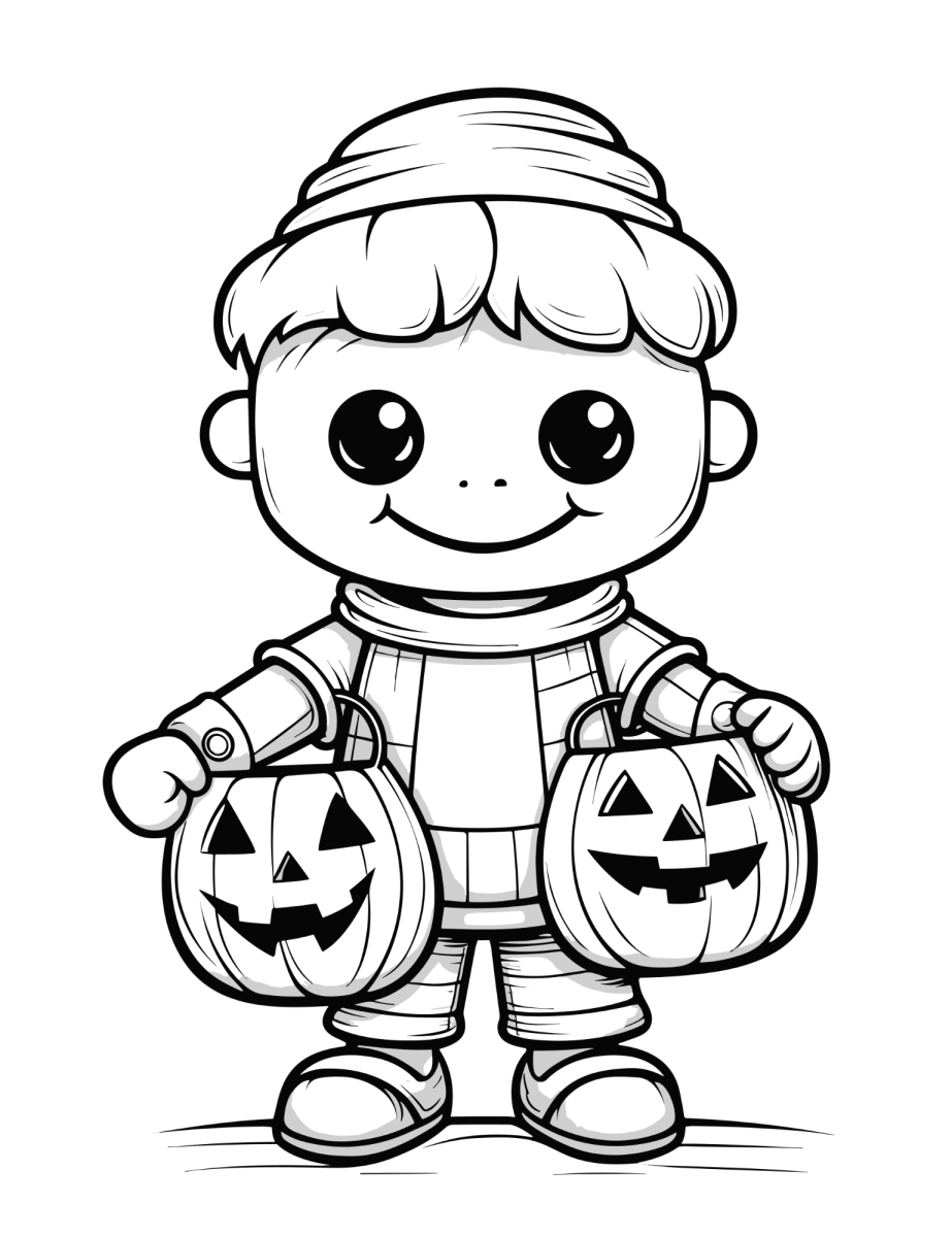 Menino segurando duas abóboras de doces para colorir