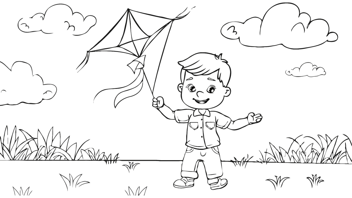 Menino soltando pipa no campo para colorir