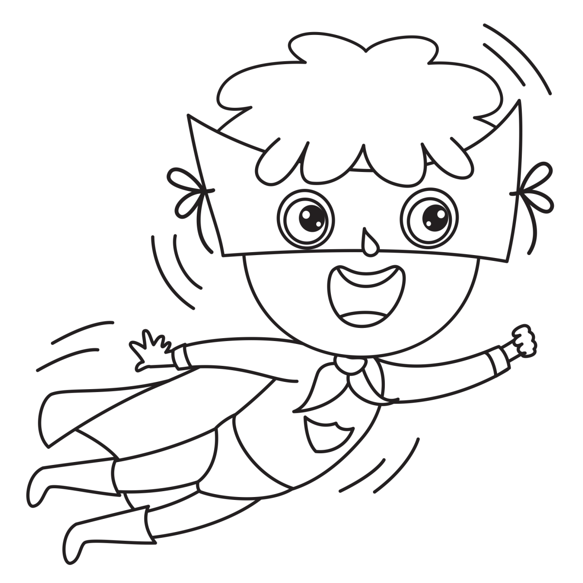 Menino super-herói voando de punho fechado para colorir