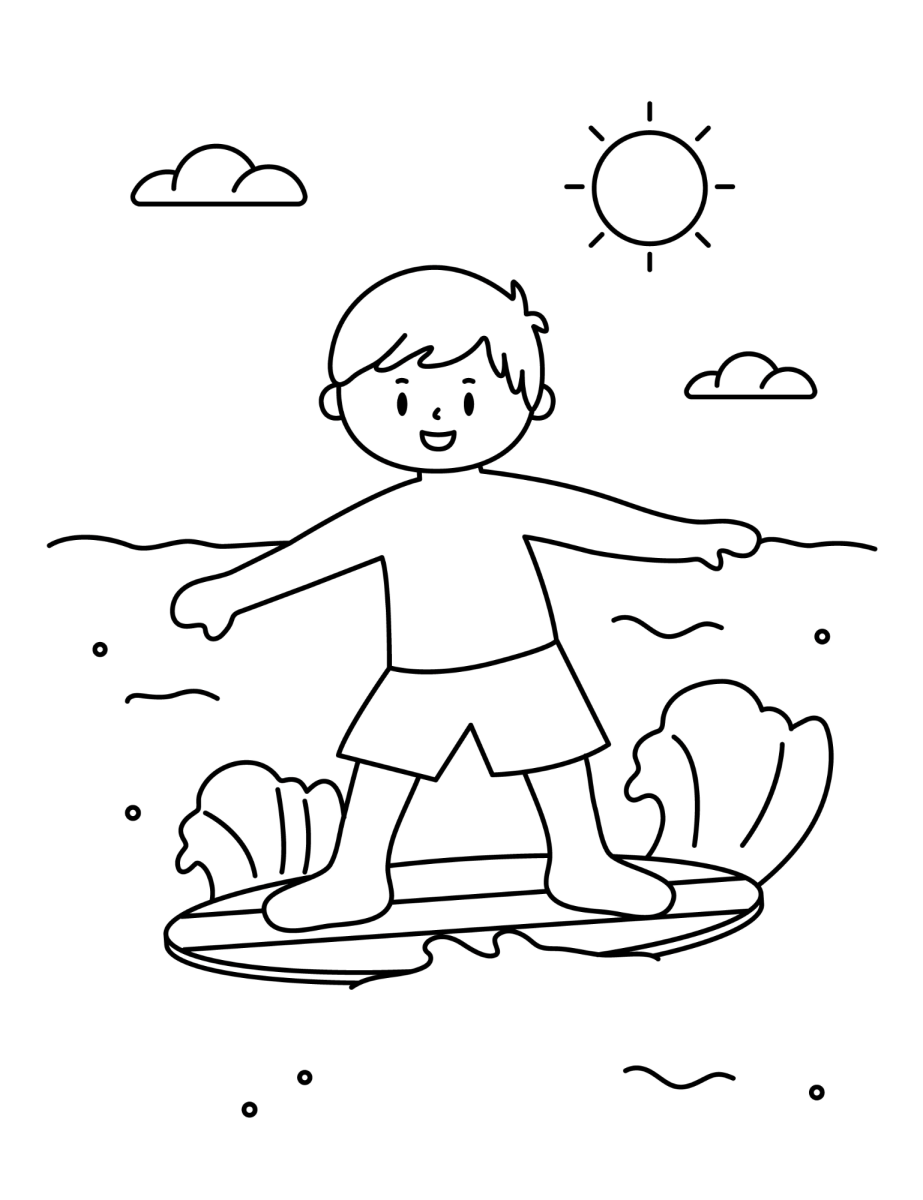 Menino surfando nas ondas para colorir