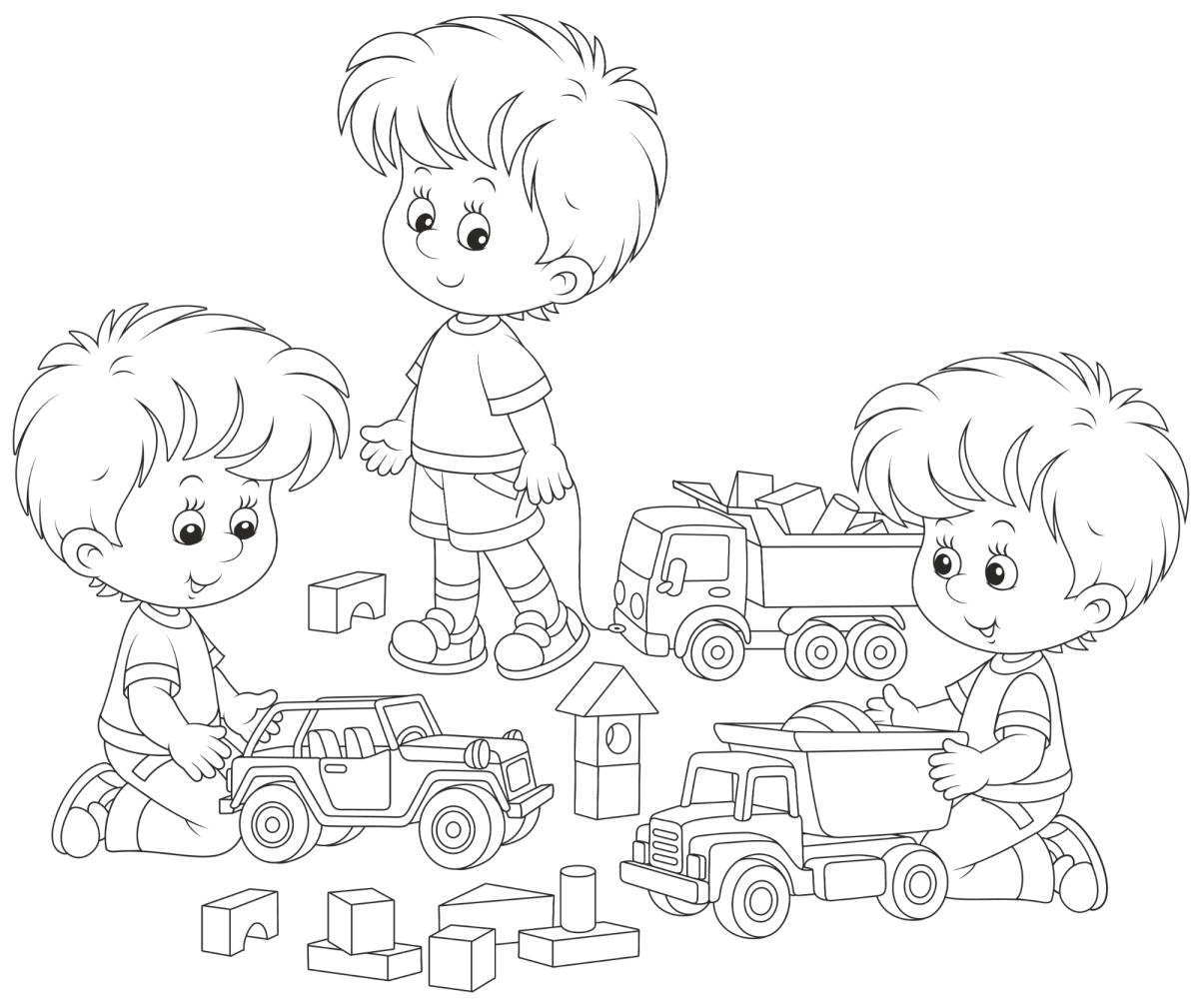 Meninos brincando de carrinhos no chão para colorir