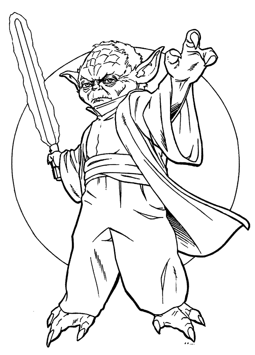 Mestre Yoda empunhando o sabre de luz para colorir