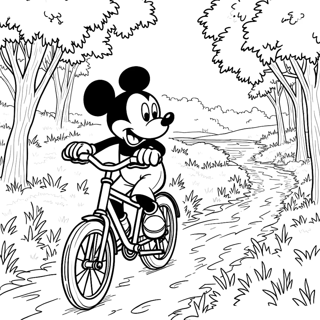 Mickey andando de bicicleta para colorir