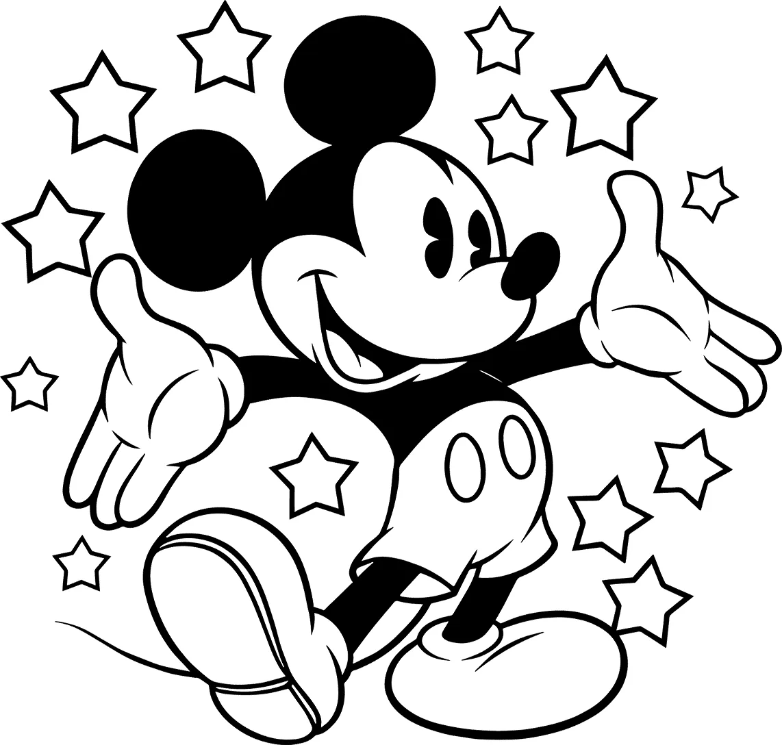 Mickey brincando entre estrelas para colorir