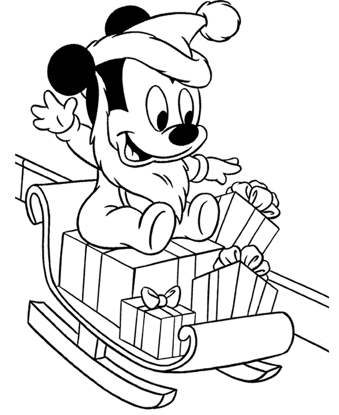 Mickey descendo de trenó na neve para colorir