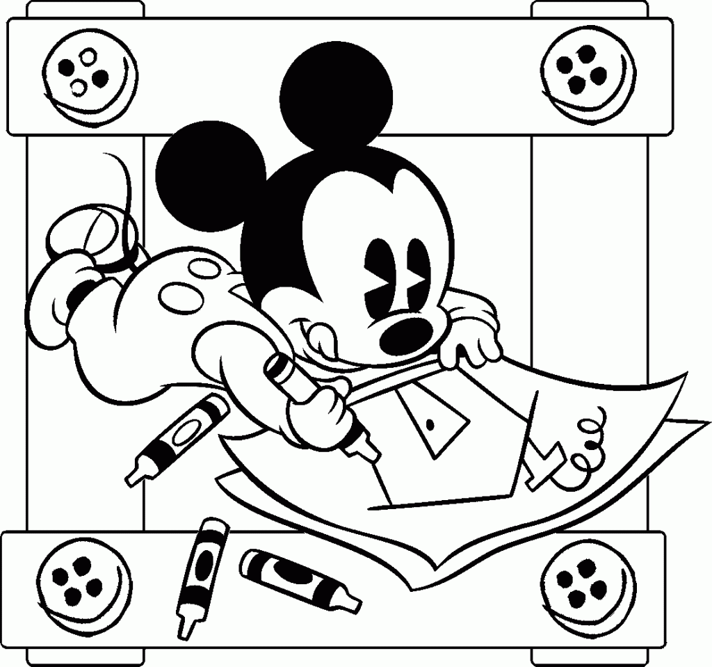 Mickey desenhando com giz de cera para colorir