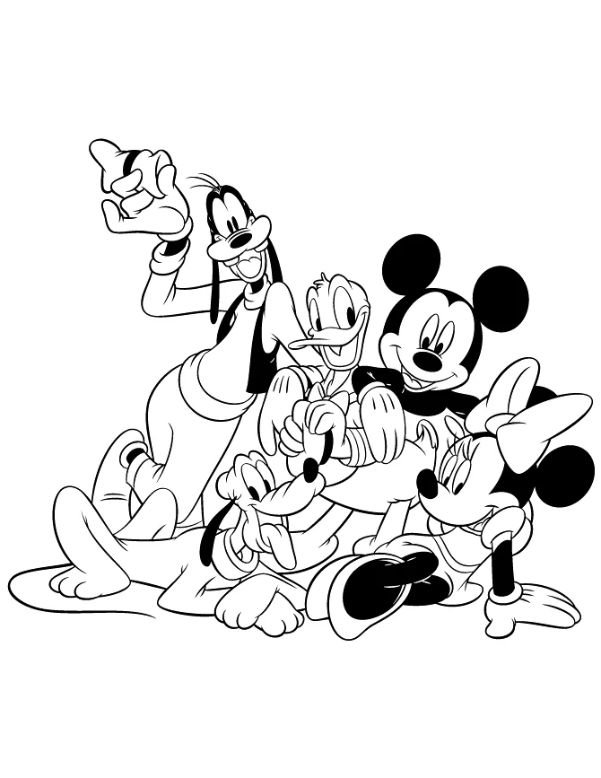 Mickey e a turma toda reunida para colorir