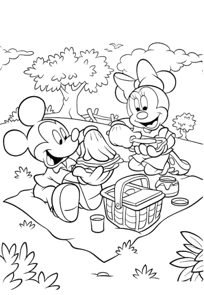 Mickey e Minnie fazendo piquenique para colorir