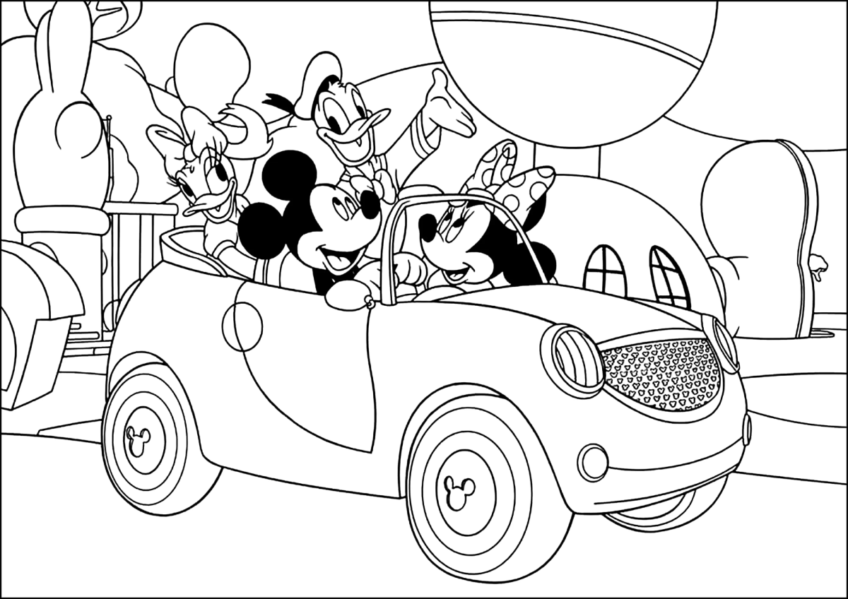 Mickey e Minnie passeando de carro para colorir