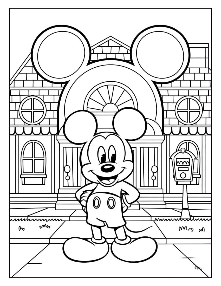 Mickey na frente da sua casa para colorir