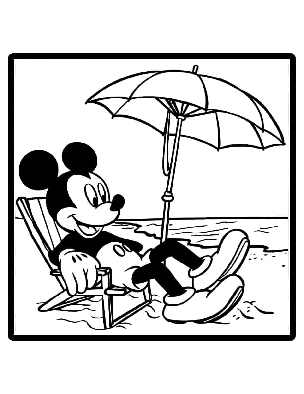 Mickey na praia sob o guarda-sol para colorir