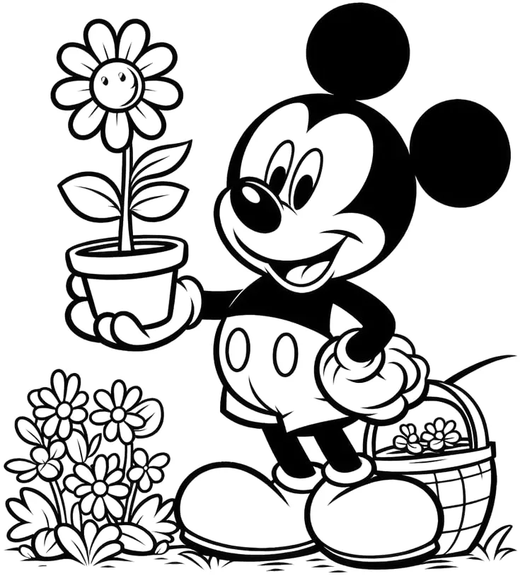 Mickey regando um vaso de flor para colorir