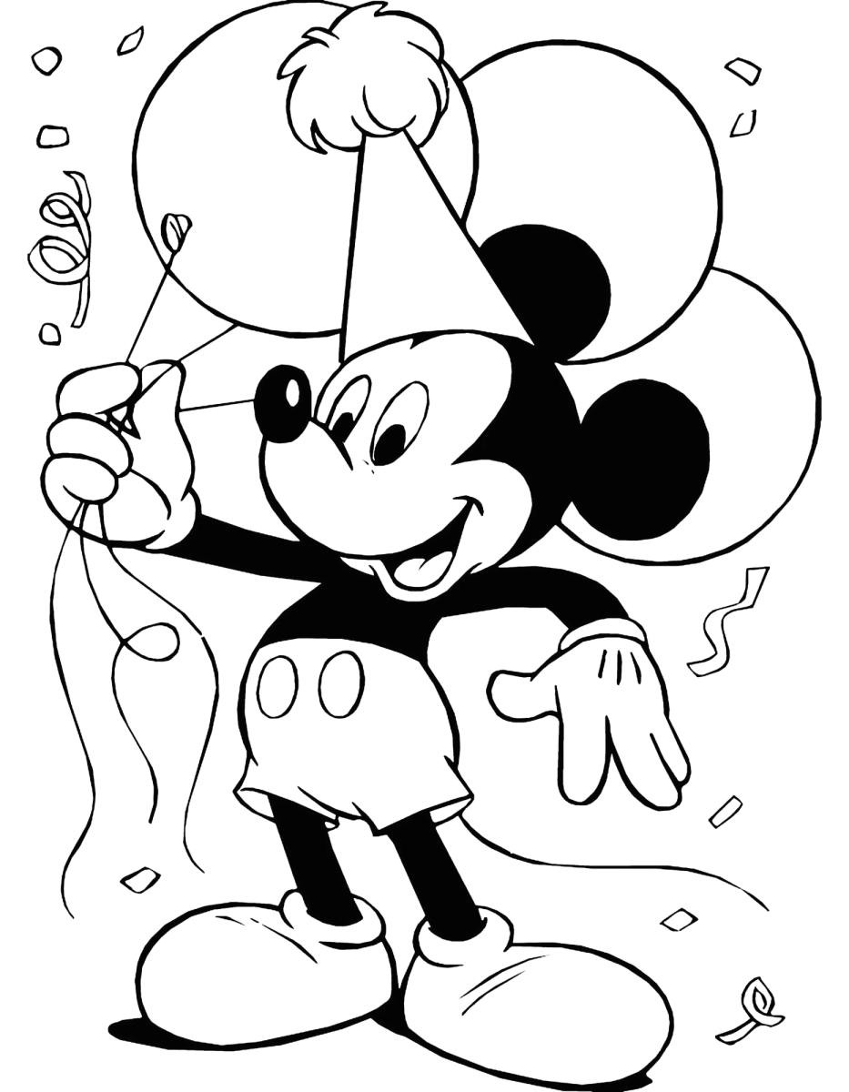 Mickey segurando balões para colorir