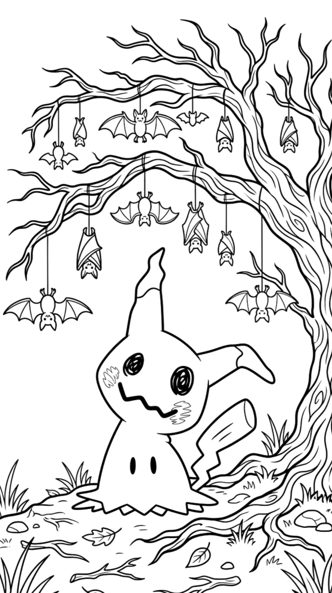 Mimikyu debaixo da árvore para colorir