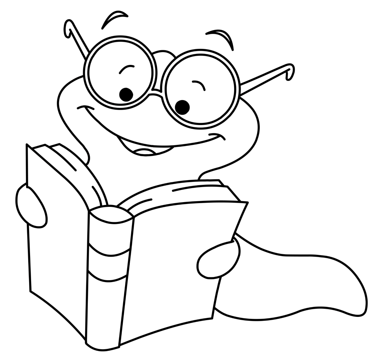 Minhoca de óculos lendo um livro grande para colorir