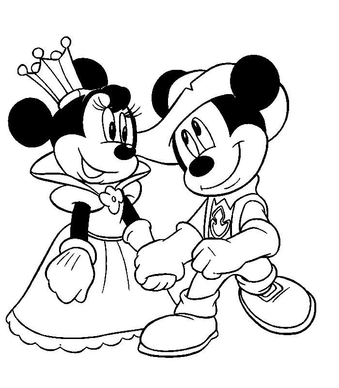 Minnie e Mickey de mãos dadas para colorir