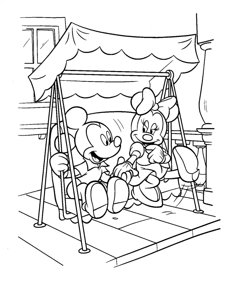 Minnie e Mickey no balanço do jardim para colorir