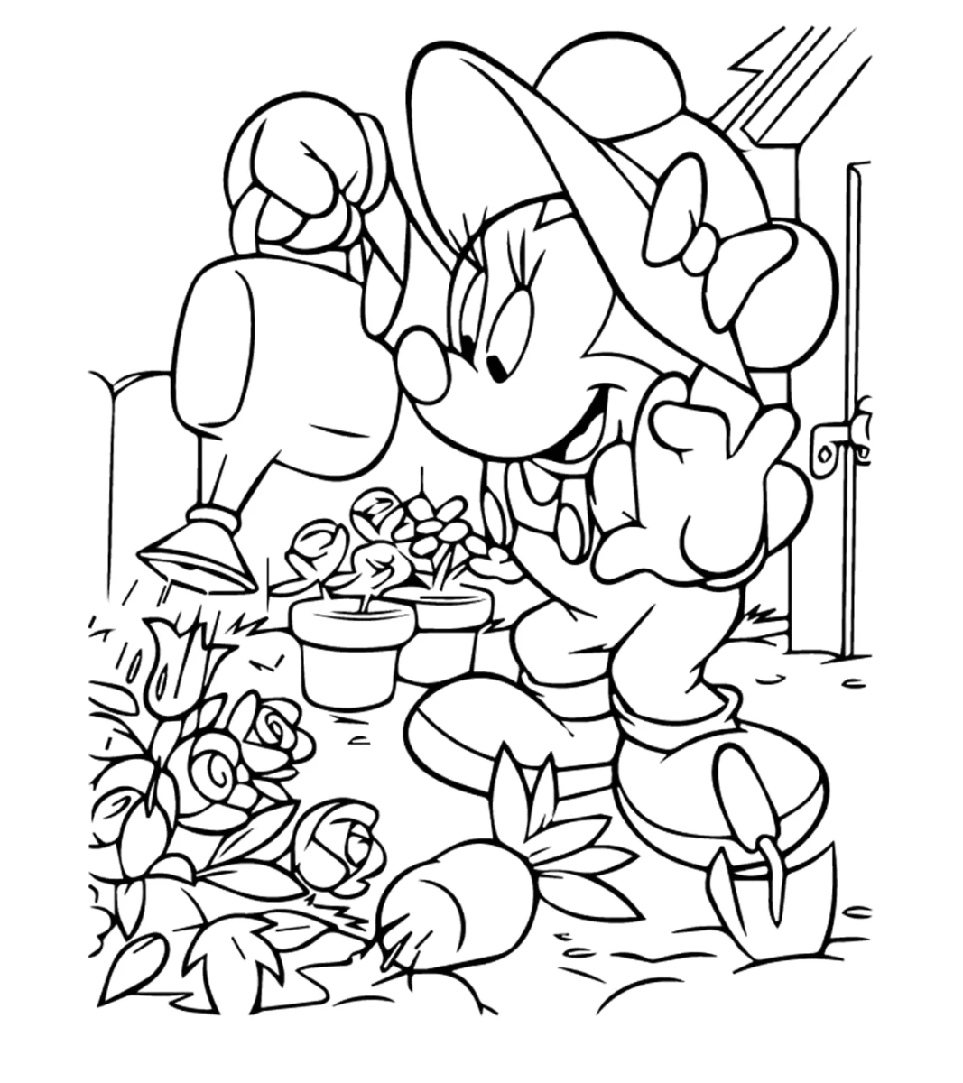 Minnie e Mickey passeando no jardim de flores para colorir