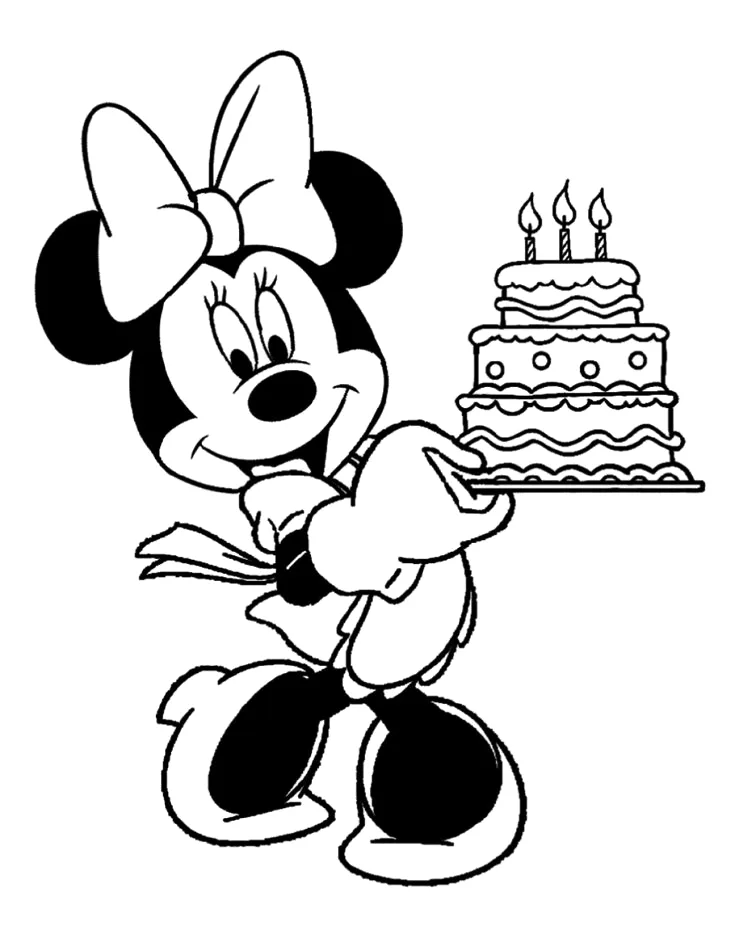 Minnie segurando um bolo de festa para colorir