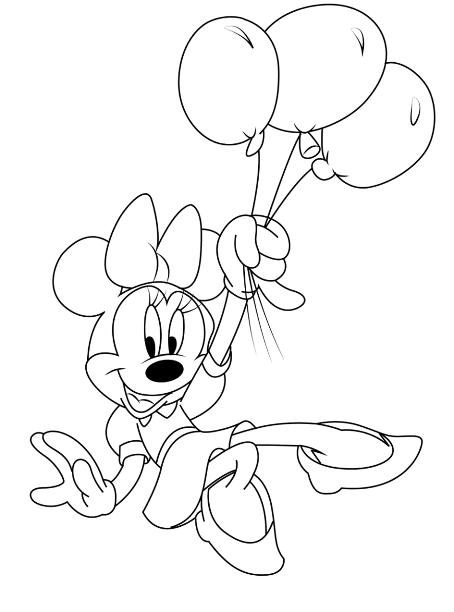 Minnie voando com balões para colorir