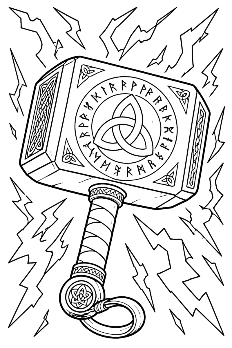 Mjolnir, o martelo do Thor, cercado de raios para colorir