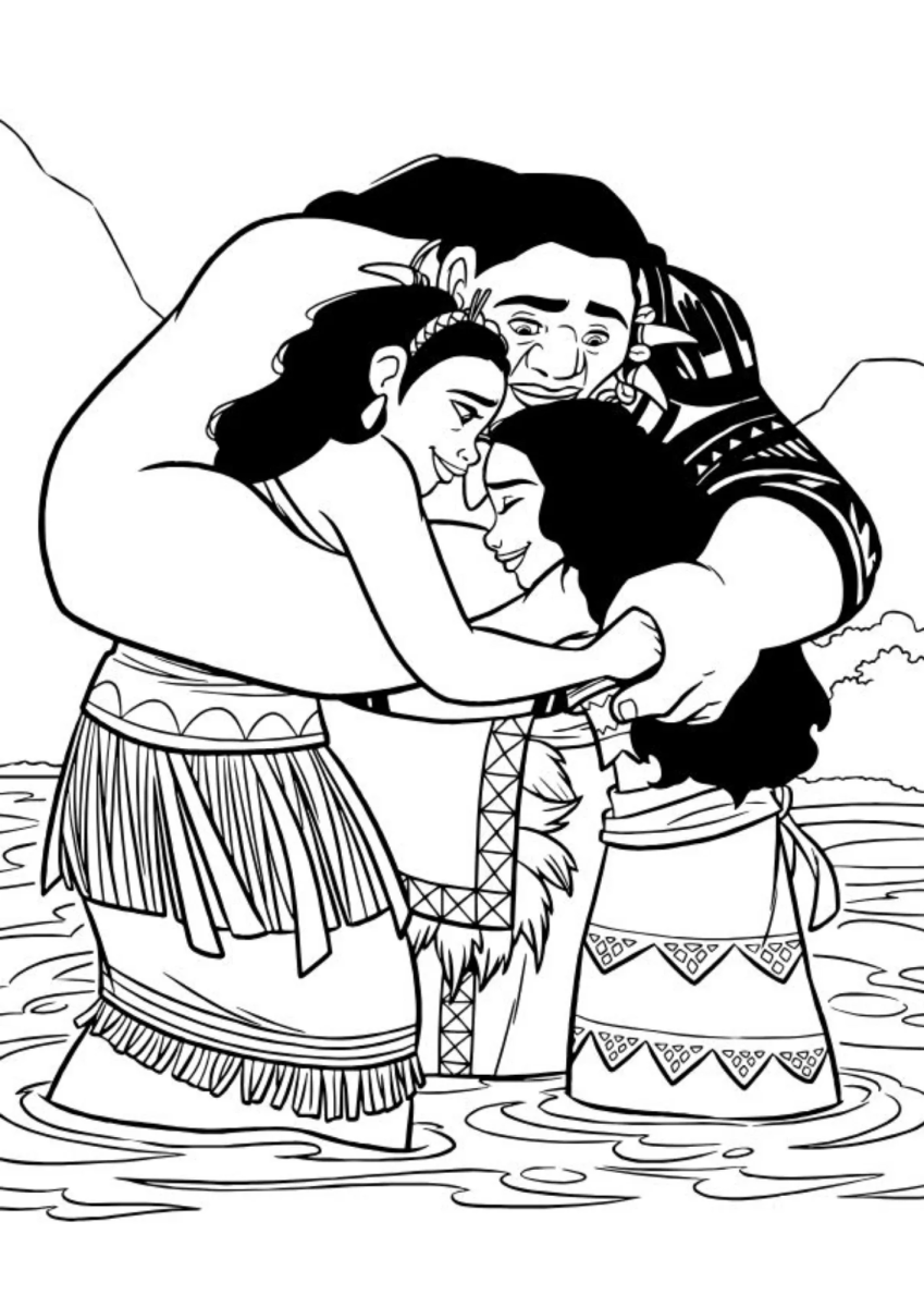 Moana abraçando a mãe Sina para colorir
