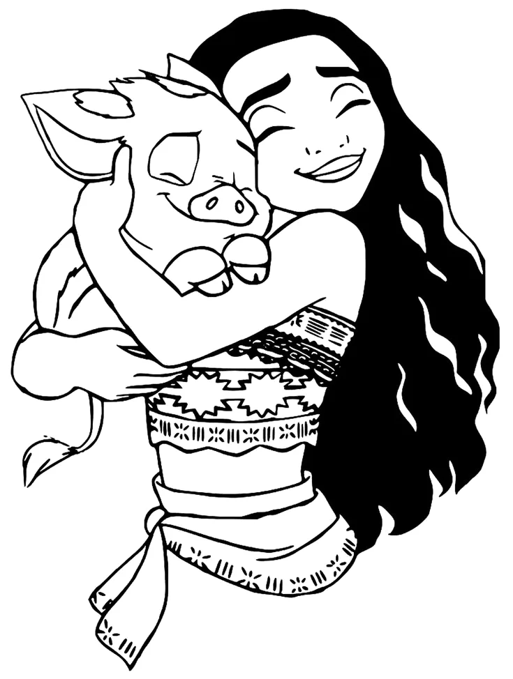 Moana abraçando o porquinho Pua para colorir