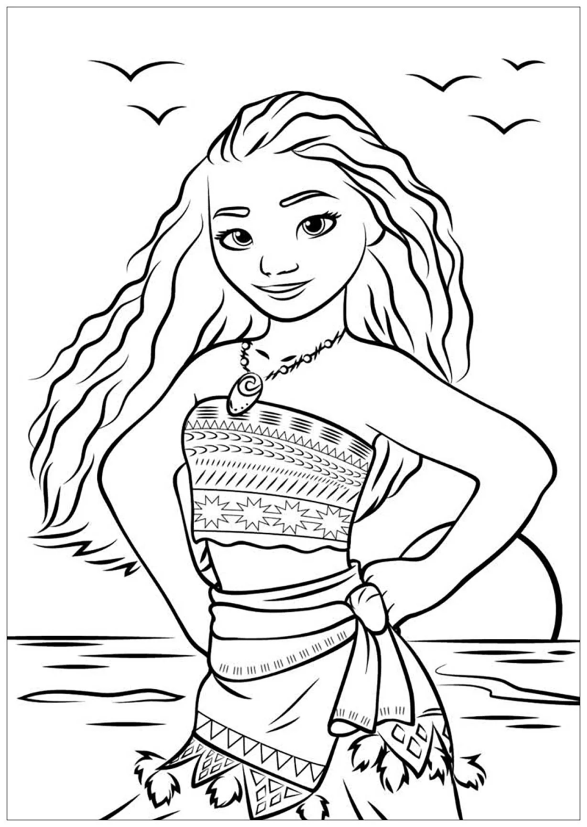 Moana com a mão na cintura para colorir