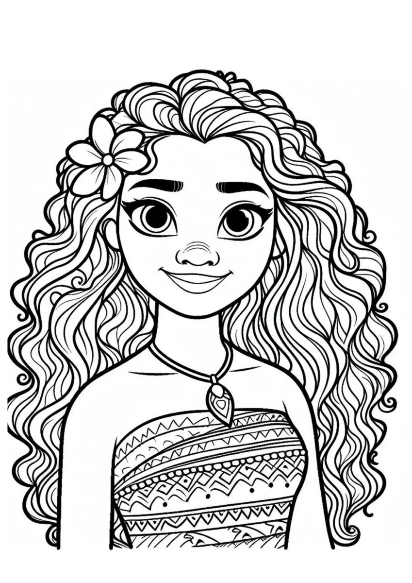 Moana com flor no cabelo para colorir