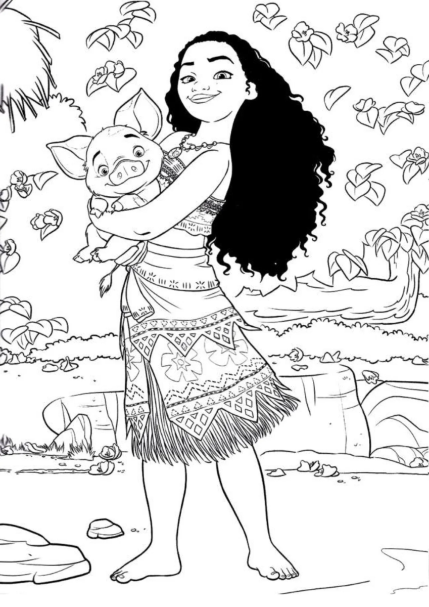 Moana com flores e o oceano para colorir