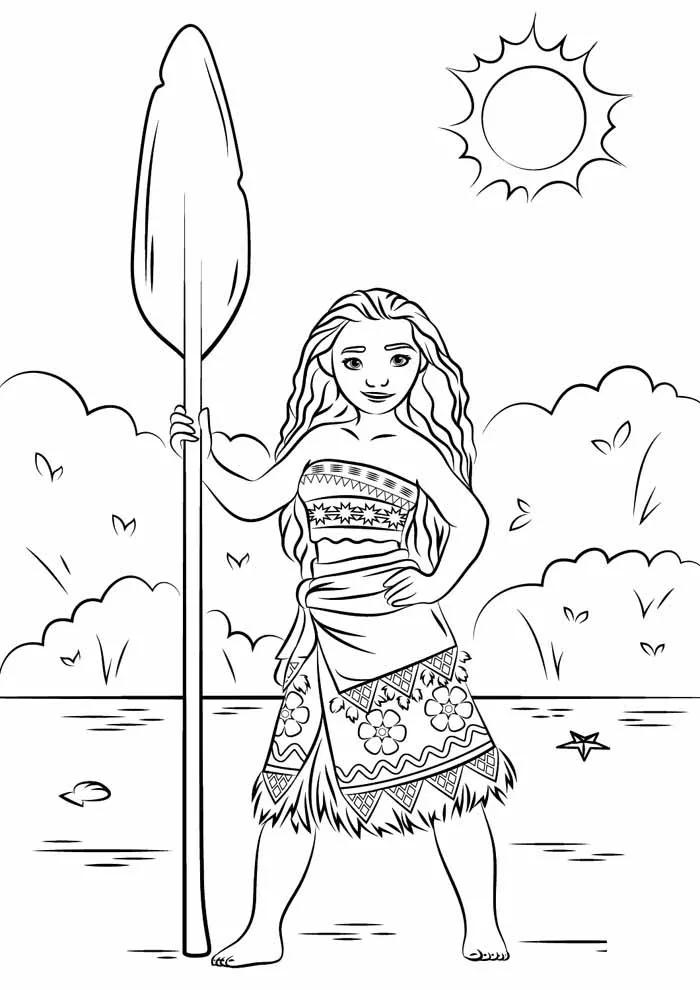 Moana com o remo na praia para colorir