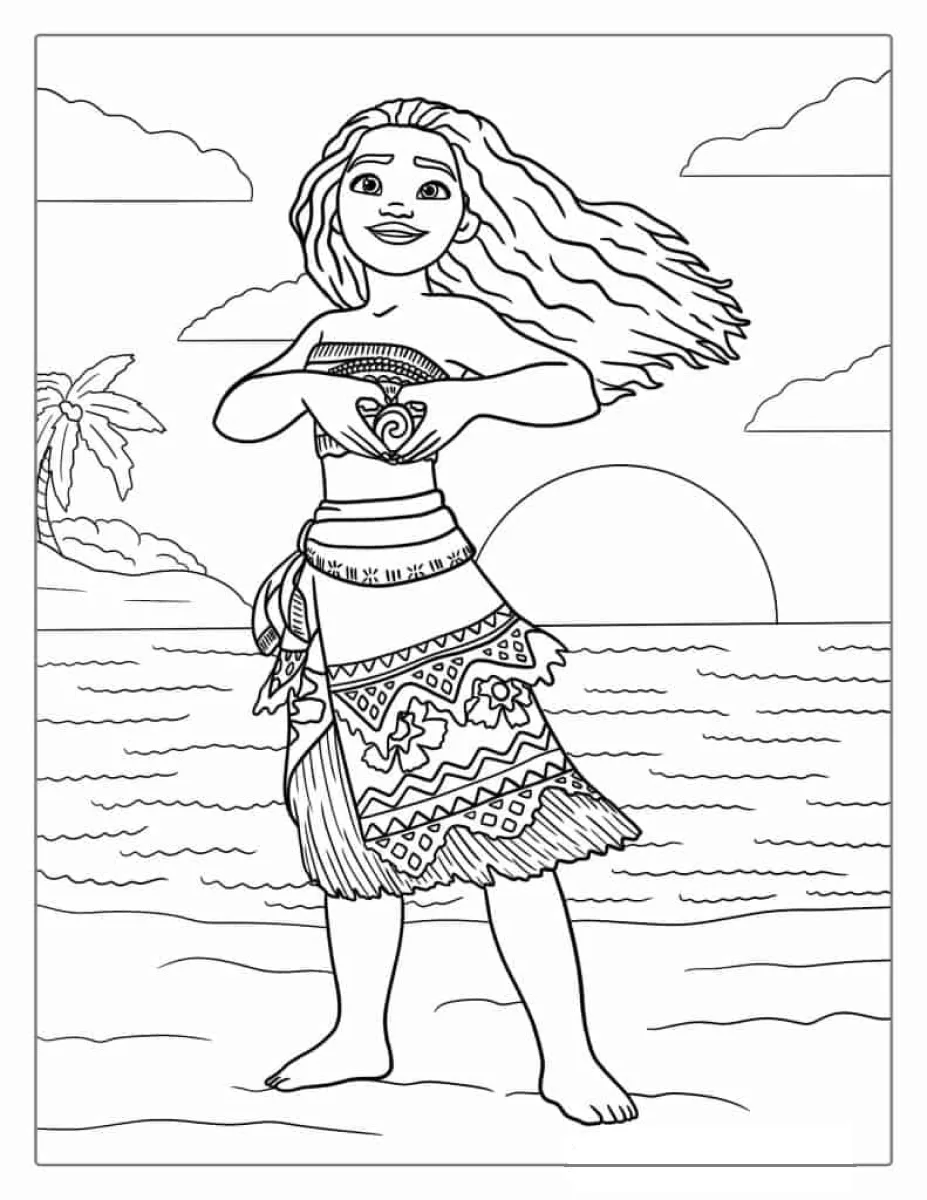 Moana com os braços erguidos ao pôr do sol para colorir