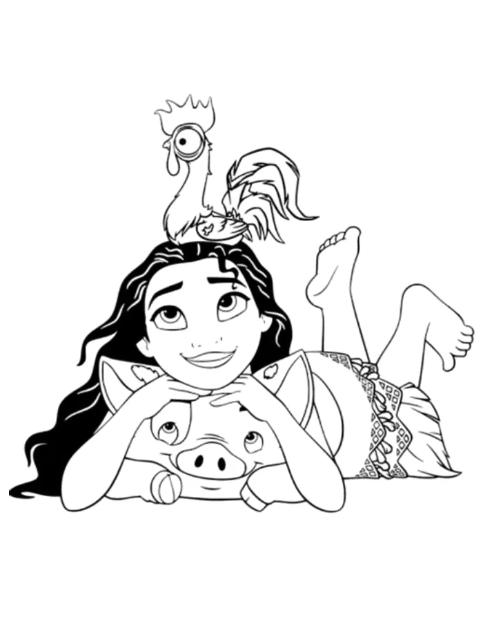 Moana deitada com Pua e Heihei para colorir