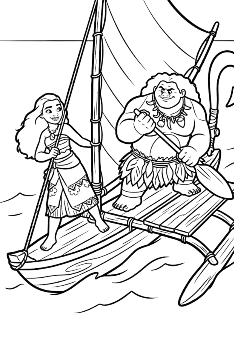 Moana e Maui navegando no barco para colorir