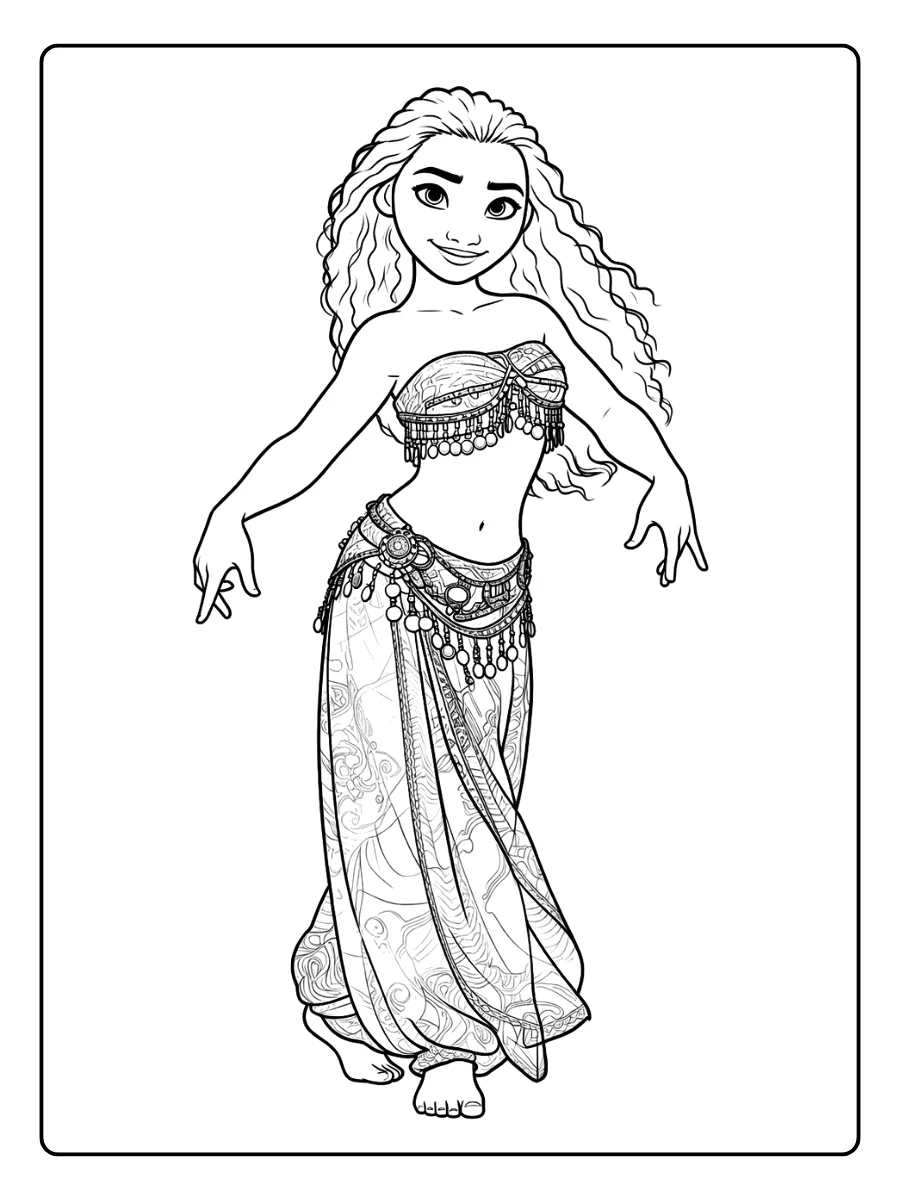 Moana em pé com os cabelos soltos para colorir