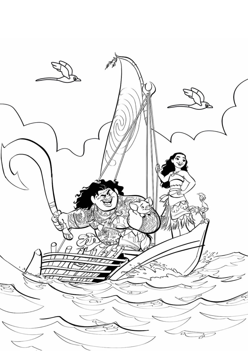 Moana, Maui e Heihei na canoa para colorir