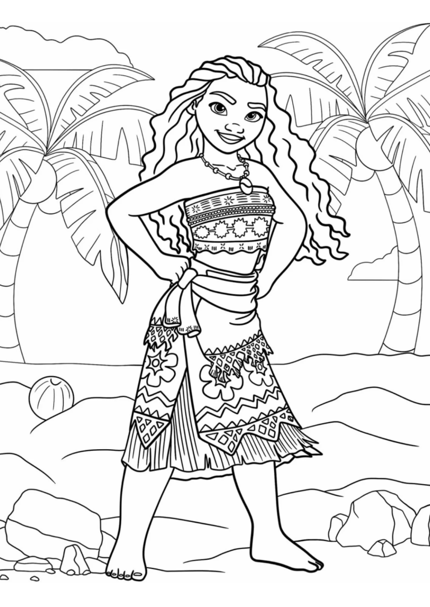 Moana na praia com coqueiros para colorir
