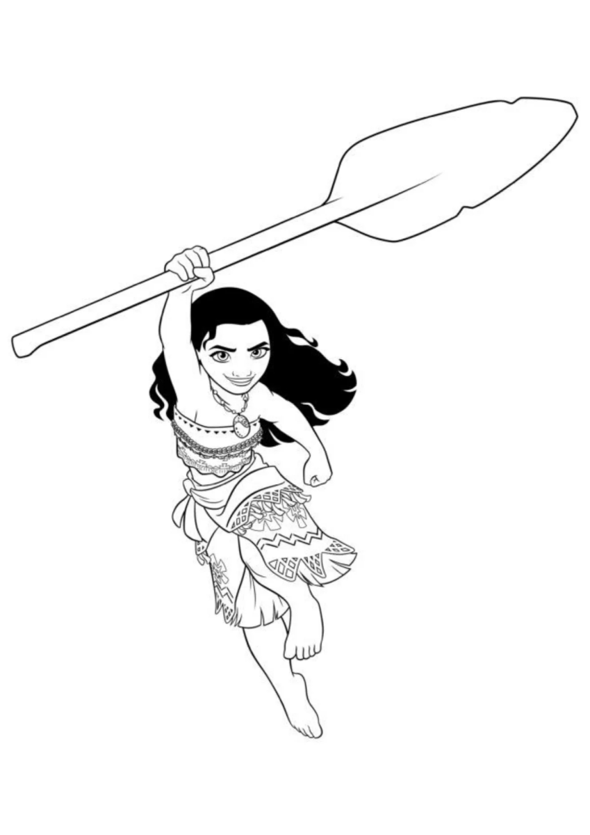 Moana pulando com o remo para colorir