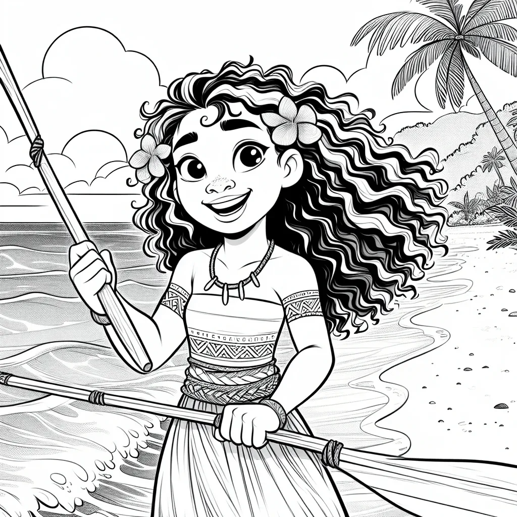 Moana remando no mar para colorir