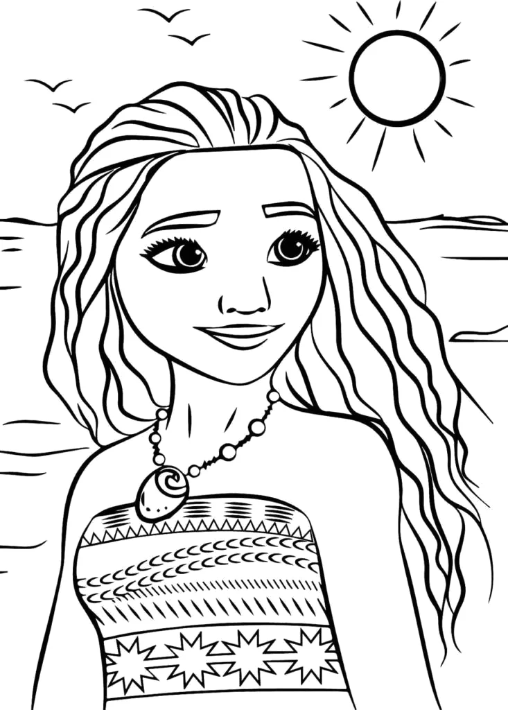 Moana sorrindo sob o sol para colorir