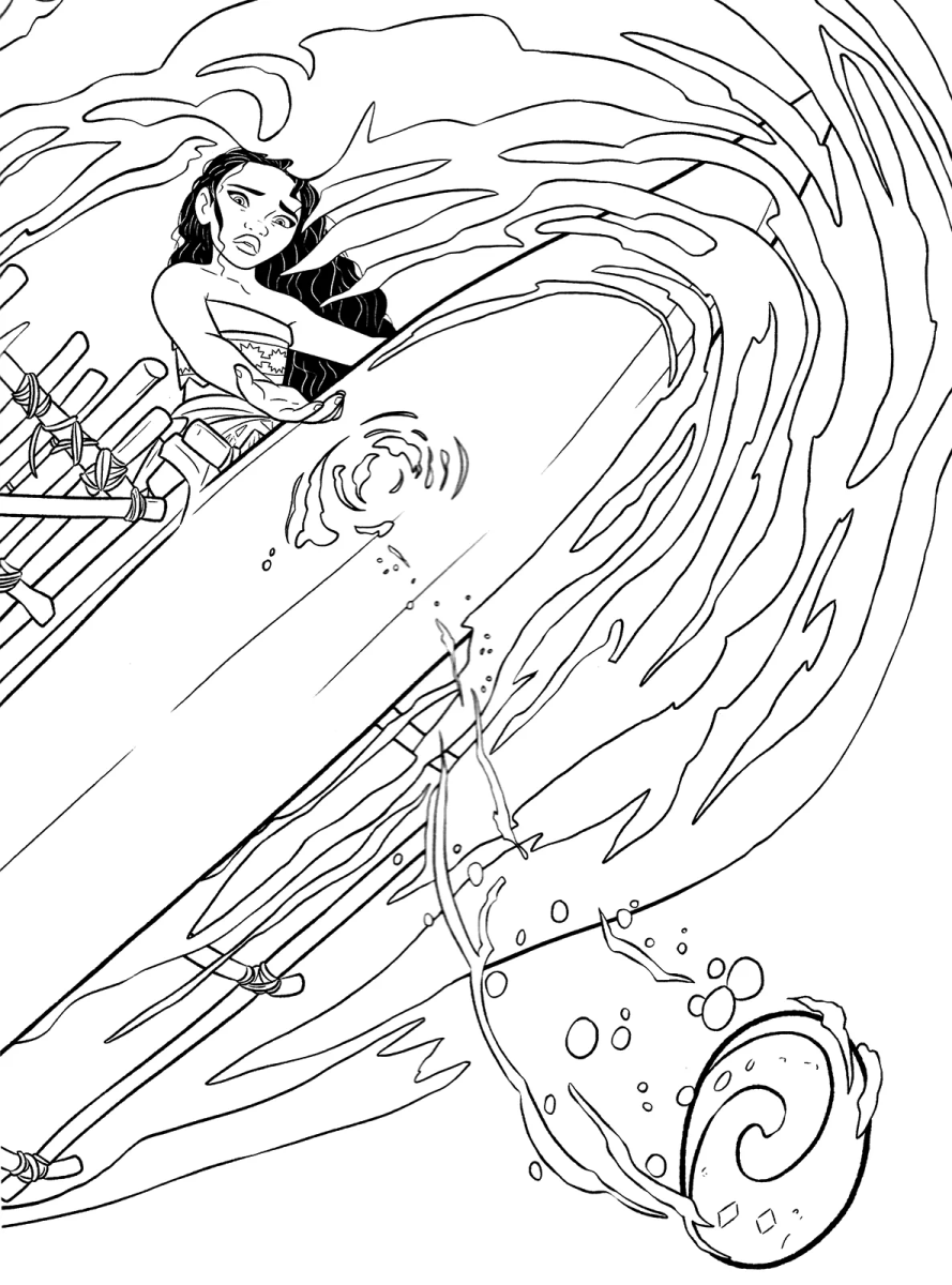 Moana surfando na onda com Heihei para colorir
