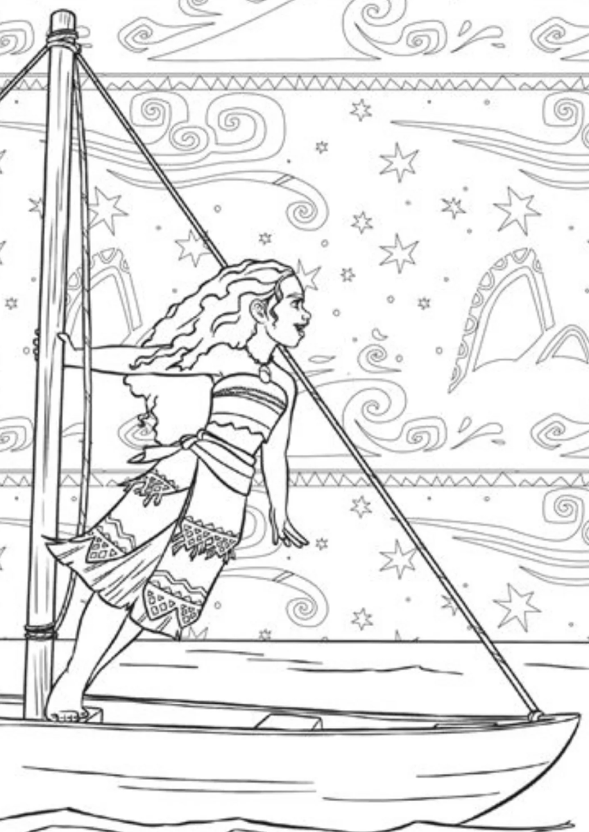 Moana velejando em alto-mar para colorir