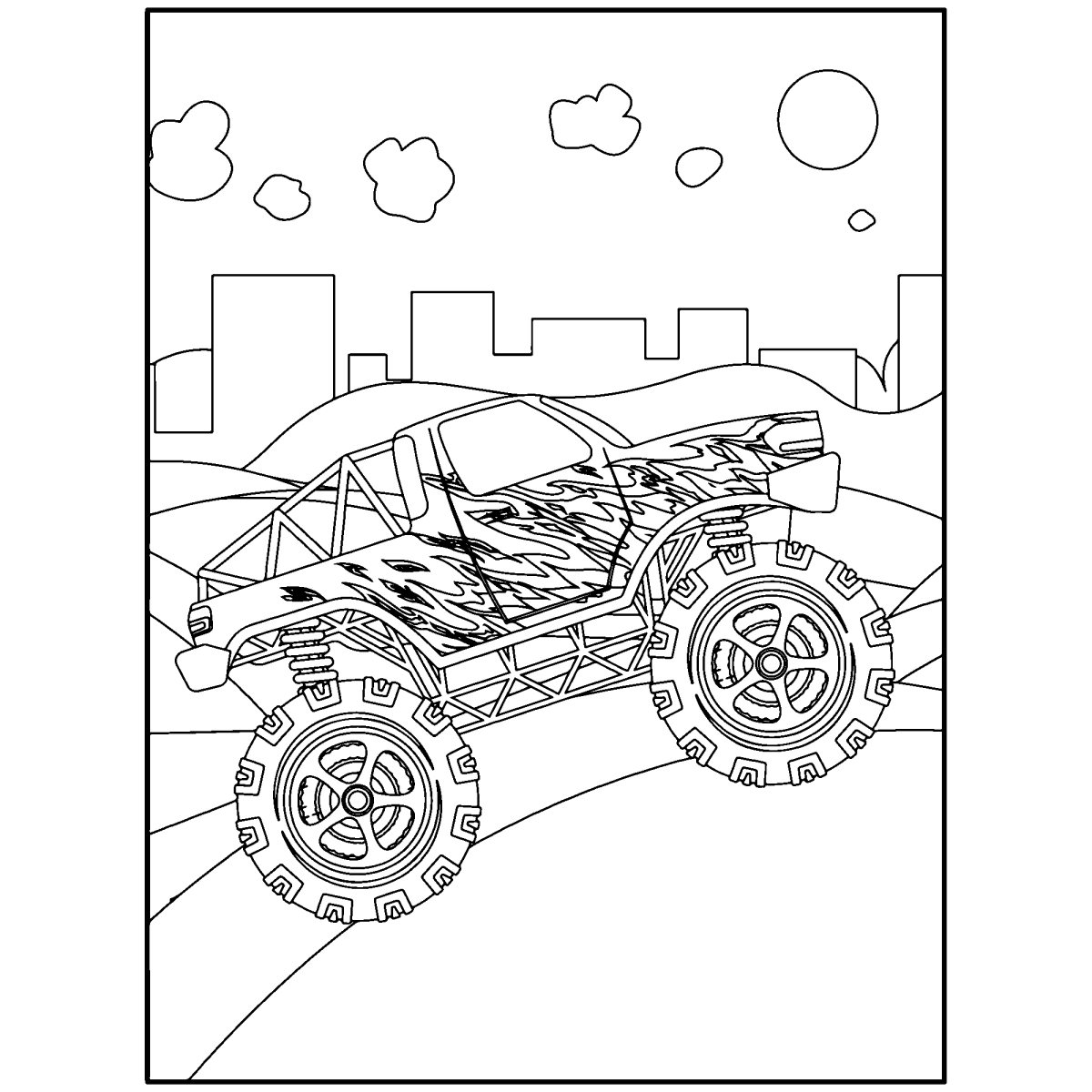 Monster truck acelerando pela cidade para colorir