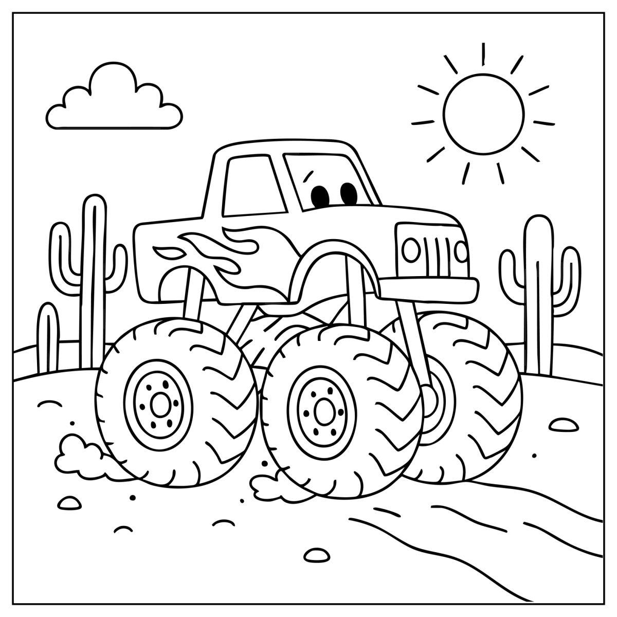 Monster truck entre cactos no deserto para colorir